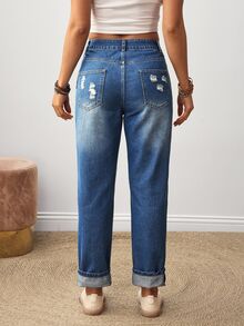 EMERY ROSE Women's Floral Embroidery Pockets Casual Straight Leg Jeans - Blue - View 3