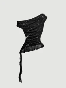 SHEIN MOD Women's Sexy T-Shirt With Black And White Polka Dot Print, Asymmetrical Shoulder, 3D Floral Decor And Ruffle Hem Night Out Party Club Summer - Black - View 5