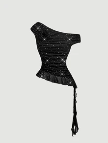 SHEIN MOD Women's Sexy T-Shirt With Black And White Polka Dot Print, Asymmetrical Shoulder, 3D Floral Decor And Ruffle Hem Night Out Party Club Summer - Black - View 3
