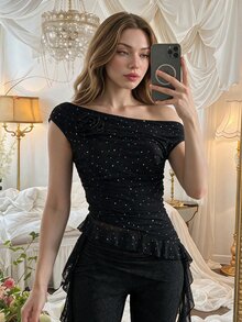SHEIN MOD Women's Sexy T-Shirt With Black And White Polka Dot Print, Asymmetrical Shoulder, 3D Floral Decor And Ruffle Hem Night Out Party Club Summer - Black - View 9