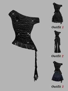SHEIN MOD Women's Sexy T-Shirt With Black And White Polka Dot Print, Asymmetrical Shoulder, 3D Floral Decor And Ruffle Hem Night Out Party Club Summer - Black - View 1