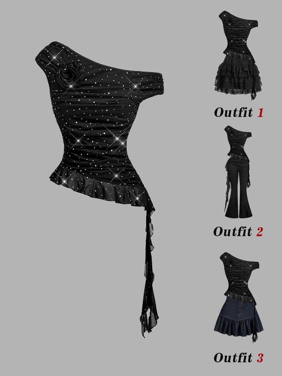 SHEIN MOD Women's Sexy T-Shirt With Black And White Polka Dot Print, Asymmetrical Shoulder, 3D Floral Decor And Ruffle Hem Night Out Party Club Summer - Black - View 1