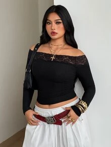 Coolane 女款大尺碼秋冬優雅正式基礎日常休閒黑色彈性蕾絲拼接露肩長袖上衣，萬聖節穿搭 - 黑色 - 查看 6