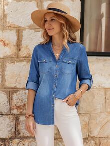 EMERY ROSE Women's Cutout Neck Denim Casual Blouse - Medium Wash - View 6