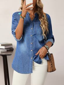 EMERY ROSE Women's Cutout Neck Denim Casual Blouse - Medium Wash - View 5