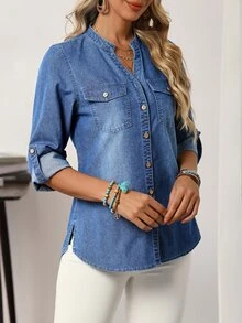 EMERY ROSE Women's Cutout Neck Denim Casual Blouse - Medium Wash - View 7