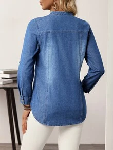 EMERY ROSE Women's Cutout Neck Denim Casual Blouse - Medium Wash - View 4