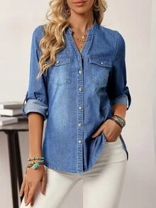 EMERY ROSE Women's Cutout Neck Denim Casual Blouse - Medium Wash - View 3