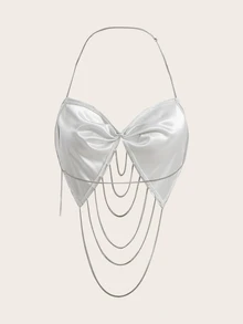 SHEIN ICON Chain Detail Backless Metallic Halter Top - White - View 2