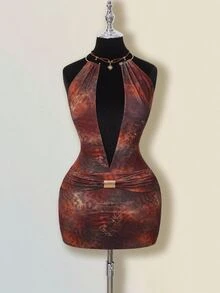 SHEIN ICON Vintage Brown  Leopard Print Hollow-Out Backless Mini Dress For Women - Brown - View 3