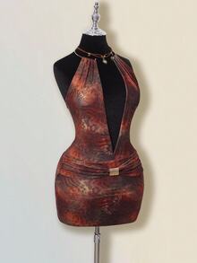 SHEIN ICON Vintage Brown  Leopard Print Hollow-Out Backless Mini Dress For Women - Brown - View 5