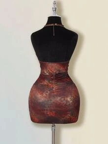 SHEIN ICON Vintage Brown  Leopard Print Hollow-Out Backless Mini Dress For Women - Brown - View 2