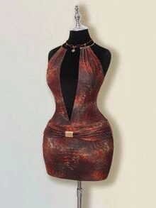 SHEIN ICON Vintage Brown  Leopard Print Hollow-Out Backless Mini Dress For Women - Brown - View 4