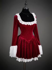 SHEIN ICON Color Block Lace & Velvet Long Sleeve Mini Dress - Burgundy - View 5