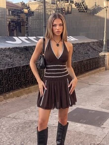 SHEIN ICON Women's Summer Sleeveless Criss-Cross Back Waist Cinching Mini Dress - Coffee Brown - View 1