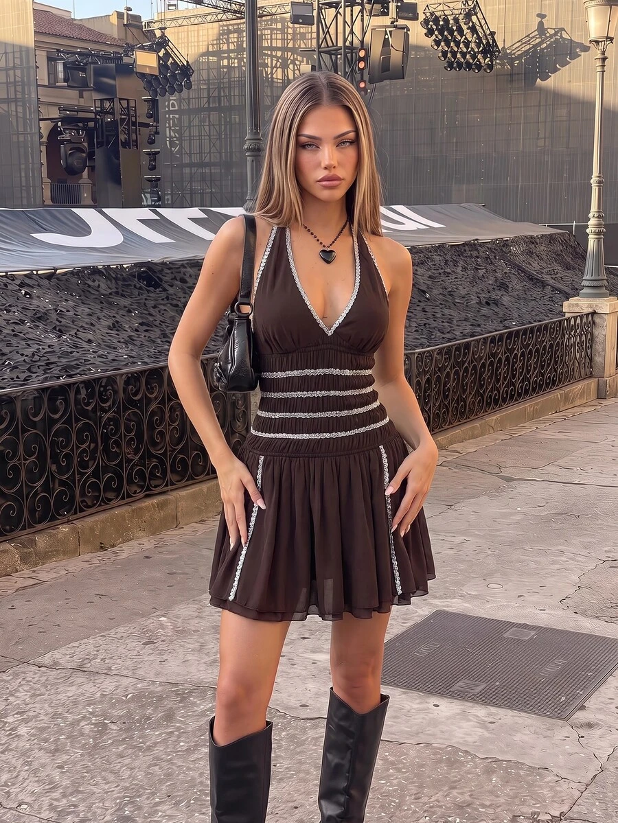 SHEIN ICON Women's Summer Sleeveless Criss-Cross Back Waist Cinching Mini Dress - Coffee Brown - View 1