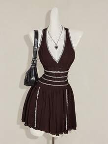 SHEIN ICON Women's Summer Sleeveless Criss-Cross Back Waist Cinching Mini Dress - Coffee Brown - View 5