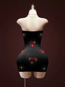 SHEIN ICON Gaun Mini Bodycon Bandeau Wanita dengan Hiasan Berlian Imitasi, Dekorasi Hati Berkilau, Hitam dan Merah, Musim Panas, Techno, Klub, Pesta Rave, Pesta Glitter, Pernikahan, Ulang Tahun, Liburan - Hitam - View 2