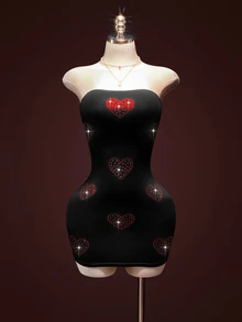 SHEIN ICON Gaun Mini Bodycon Bandeau Wanita dengan Hiasan Berlian Imitasi, Dekorasi Hati Berkilau, Hitam dan Merah, Musim Panas, Techno, Klub, Pesta Rave, Pesta Glitter, Pernikahan, Ulang Tahun, Liburan - Hitam - View 3