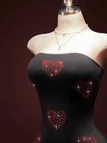 SHEIN ICON Gaun Mini Bodycon Bandeau Wanita dengan Hiasan Berlian Imitasi, Dekorasi Hati Berkilau, Hitam dan Merah, Musim Panas, Techno, Klub, Pesta Rave, Pesta Glitter, Pernikahan, Ulang Tahun, Liburan - Hitam - View 5