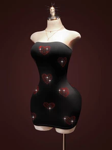 SHEIN ICON Gaun Mini Bodycon Bandeau Wanita dengan Hiasan Berlian Imitasi, Dekorasi Hati Berkilau, Hitam dan Merah, Musim Panas, Techno, Klub, Pesta Rave, Pesta Glitter, Pernikahan, Ulang Tahun, Liburan - Hitam - View 4