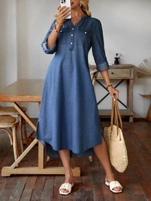 EMERY ROSE Solid Color Asymmetrical Hem Denim Dress With Notched Collar - Medium Wash - View 6