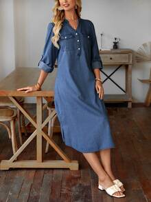 EMERY ROSE Solid Color Asymmetrical Hem Denim Dress With Notched Collar - Medium Wash - View 5