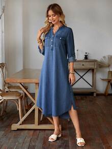 EMERY ROSE Solid Color Asymmetrical Hem Denim Dress With Notched Collar - Medium Wash - View 7