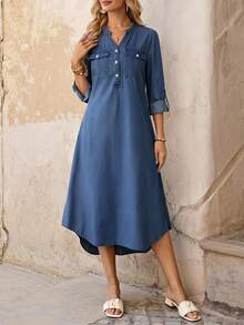 EMERY ROSE Solid Color Asymmetrical Hem Denim Dress With Notched Collar - Medium Wash - View 1