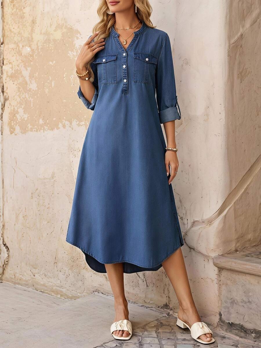 EMERY ROSE Solid Color Asymmetrical Hem Denim Dress With Notched Collar - Medium Wash - View 1