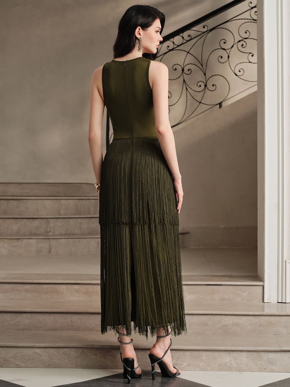 Anewsta Elegant Cross Neckline High-End Tassel Evening Gown Dress