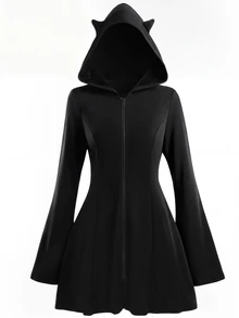SHEIN LUNE CURVE Plus-Size Autumn And Winter Halloween Dark Series Three-Dimensional Ears Hooded Knitted Elastic Flared Long Sleeve Dress Fall - Black - View 4
