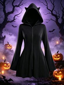 SHEIN LUNE CURVE Plus-Size Autumn And Winter Halloween Dark Series Three-Dimensional Ears Hooded Knitted Elastic Flared Long Sleeve Dress Fall - Black - View 1