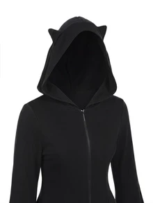 SHEIN LUNE CURVE Plus-Size Autumn And Winter Halloween Dark Series Three-Dimensional Ears Hooded Knitted Elastic Flared Long Sleeve Dress Fall - Black - View 3