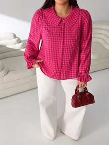 Solflare Plus Size Women's Autumn/Winter Long Sleeve Rose Red Peter Pan Collar Blouse - Multicolor - View 4