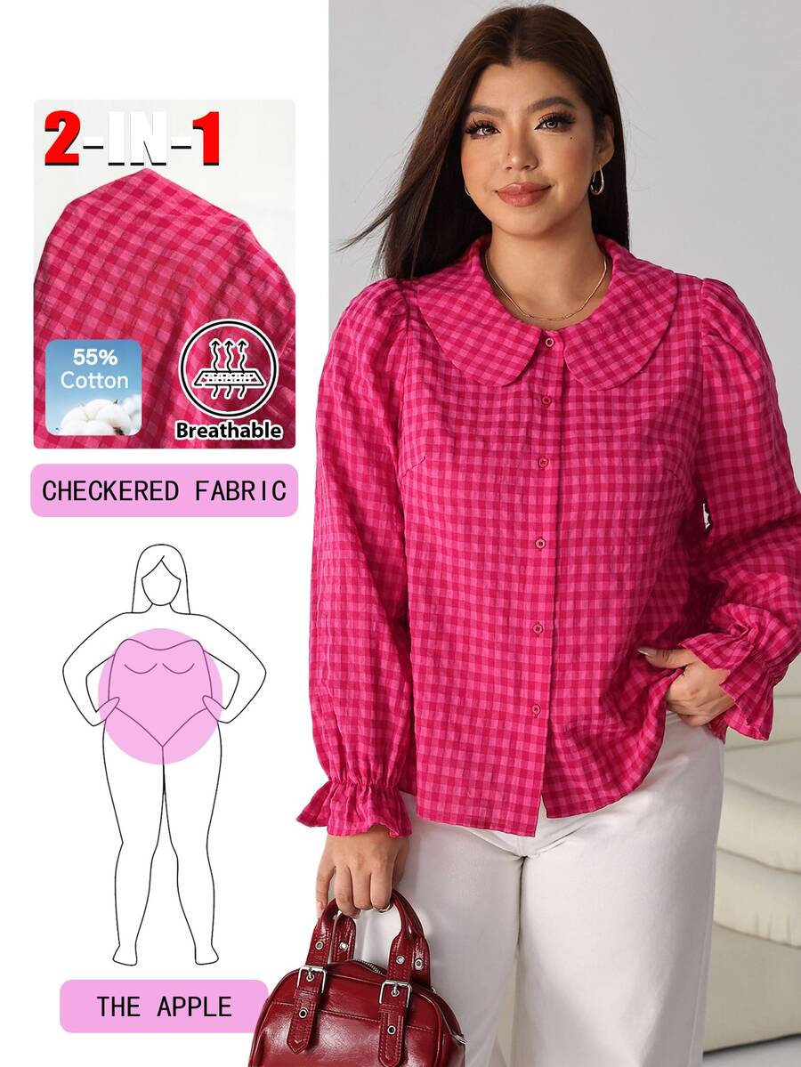 Solflare Plus Size Women's Autumn/Winter Long Sleeve Rose Red Peter Pan Collar Blouse - Multicolor - View 1