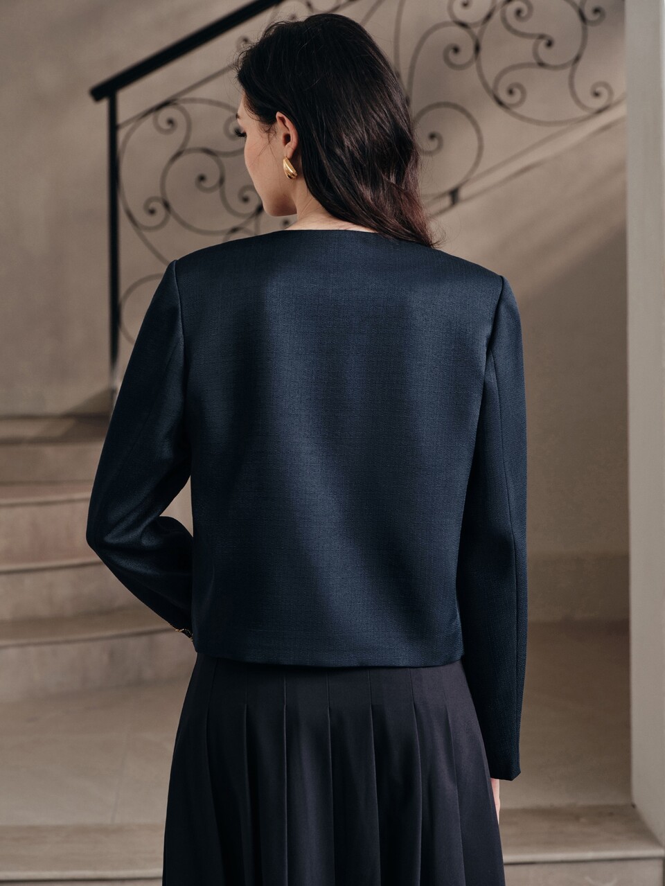 Anewsta Autumn/Winter New Women's Structured Shoulder 3D Floral Jacket Dinner Formal Navy Blue Elegant