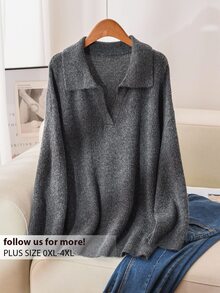 CosyJoli Plus Size Loose Drop Shoulder Casual Knit Sweater, Autumn/Winter Fall - Dark Grey - View 2