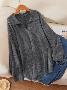 CosyJoli Plus Size Loose Drop Shoulder Casual Knit Sweater, Autumn/Winter Fall - Dark Grey - View 5