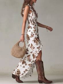 Glimmora Women's Fashion Ruffle Lace Trim Spaghetti Strap Full Print Dress - Yellow - View 3