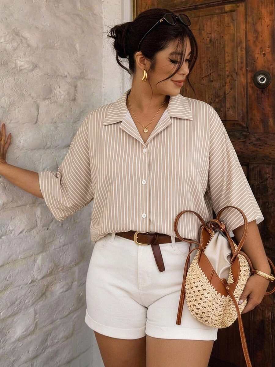 SHEIN Frenchy 大尺碼女款條紋休閒百搭日常穿著襯衫 秋季 - 彩色 - 查看 1