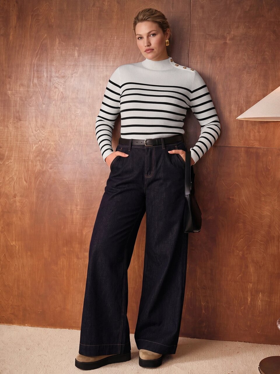 MOTF PLUS SIZE BLACK & WHITE STRIPED VERSATILE EXQUISITE METAL BUTTON KNIT BASE LAYER SWEATER TOP