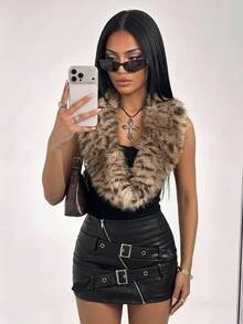 SHEIN ICON 女士前卫性感奢华人字纹混色宽松人造皮草外套 - 杏色 - 查看 1