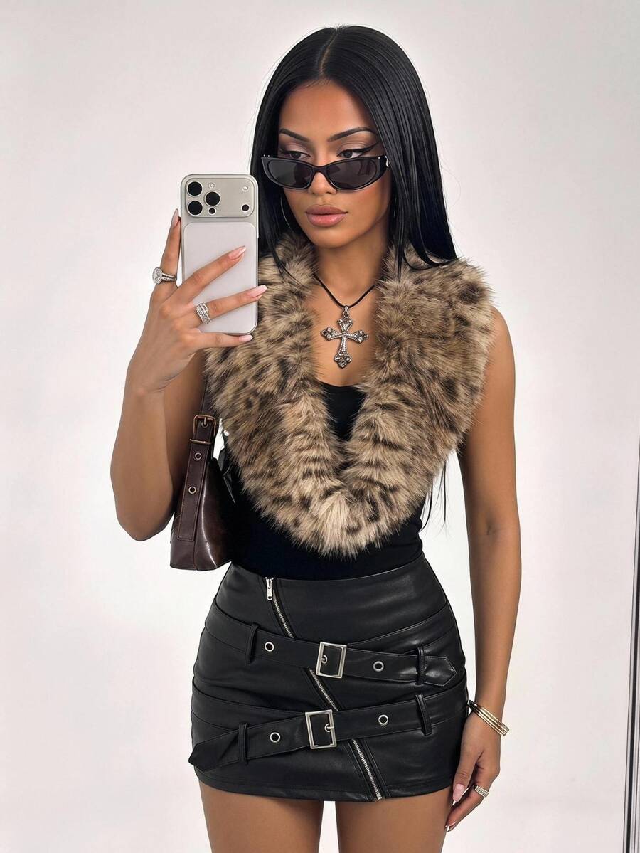 SHEIN ICON 女士前卫性感奢华人字纹混色宽松人造皮草外套 - 杏色 - 查看 1
