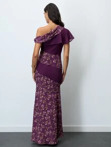 Nöista Floral Print Maxi Dress In Purple, One-Shoulder, Diagonal Panels, Fitted Mermaid Hem. Elegant, Formal, Special Occasion. Fall, Autumn, Winter Dress. - Purple - View 4