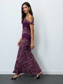 Nöista Floral Print Maxi Dress In Purple, One-Shoulder, Diagonal Panels, Fitted Mermaid Hem. Elegant, Formal, Special Occasion. Fall, Autumn, Winter Dress. - Purple - View 1