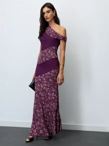 Nöista Floral Print Maxi Dress In Purple, One-Shoulder, Diagonal Panels, Fitted Mermaid Hem. Elegant, Formal, Special Occasion. Fall, Autumn, Winter Dress. - Purple - View 3