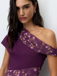 Nöista Floral Print Maxi Dress In Purple, One-Shoulder, Diagonal Panels, Fitted Mermaid Hem. Elegant, Formal, Special Occasion. Fall, Autumn, Winter Dress. - Purple - View 7