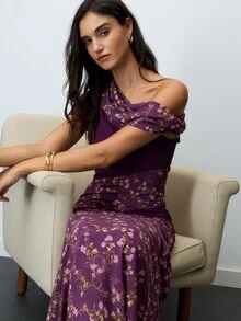 Nöista Floral Print Maxi Dress In Purple, One-Shoulder, Diagonal Panels, Fitted Mermaid Hem. Elegant, Formal, Special Occasion. Fall, Autumn, Winter Dress. - Purple - View 6