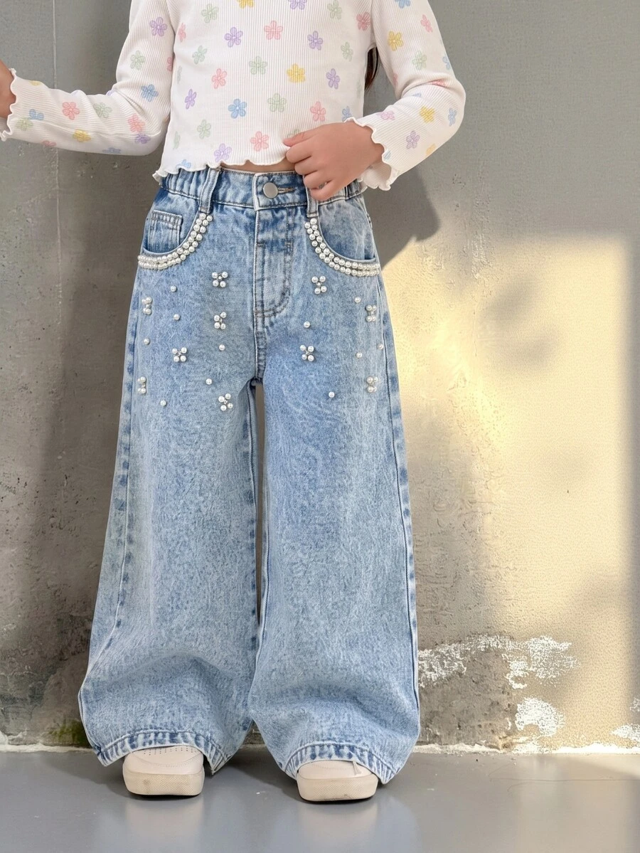 SHEIN Girls' White Beaded 3D Rhinestone Light Blue Denim Loose Long ...